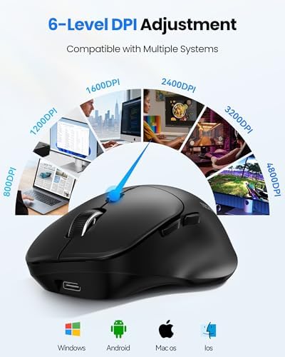 TECKNET Wireless Mouse Bluetooth 5.0/3.0 & 2.4G Rechargeable, Silent Clicks, Adjustable 4800 DPI, 6 Buttons, Ergonomic Design, Bluetooth Mouse for Laptop, Computer, ipad-Dark