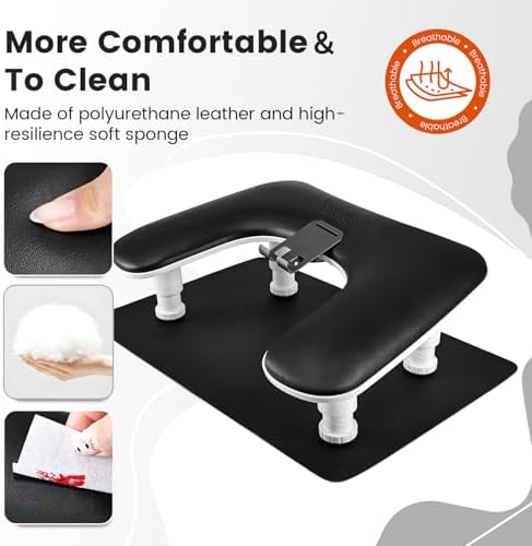 JODSONE U-Shaped Black Manicure Arm Rest for Nails Tech with Rotating 360°Built-In Phone Holder and Adjustable Nail Arm Rest Detachable Manicure Hand Rest for Salon Design (Includes Black Nail Mat)