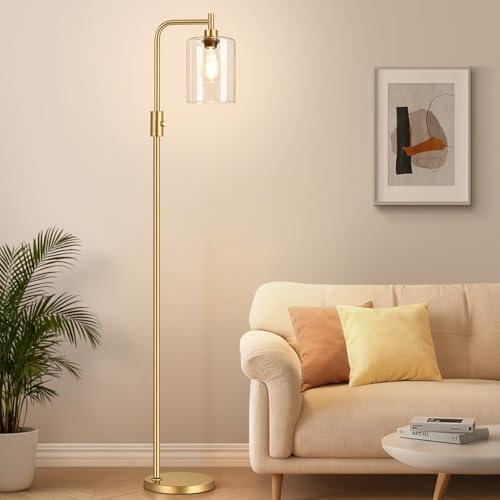【Upgraded】 Dimmable Floor Lamp for Living Room with Clear Glass Lampshade, Gold Modern Glass Floor Lamp with 900LM LED Bulb Included, Arc Standing Tall Lamp for Bedroom, Office, Reading Room, Corner
