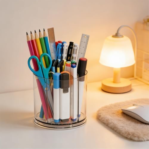 Yieach 360 Rotating Acrylic Clear Pen Holders and Pencil Cups for Desk,Small Cute Desk Organizers Accessories and Makeup Brush Holder,Spinning Pencil Caddy School Supplies Organizer for Teacher,1PCS