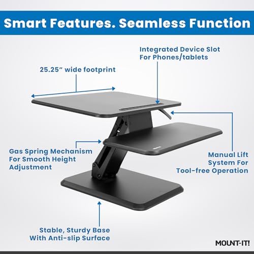 Mount-It! Standing Desk Converter, Compact 25" Sit Stand Desk Riser with Gas Spring Lift, Adjustable Height Desktop Riser for Laptop, Monitor, and Keyboard, Small Home Office Desk Converter
