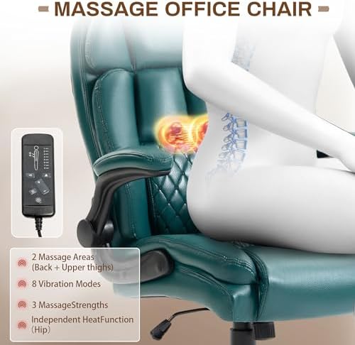 Massage Office Chair,500LBS Ergonomic Rocking Executive Desk Chairs with 4 Points Vibration&Heat,Padded Flipup Armrests for Big and Tall Office Chair,Swivel Computer Chair DarkGreen