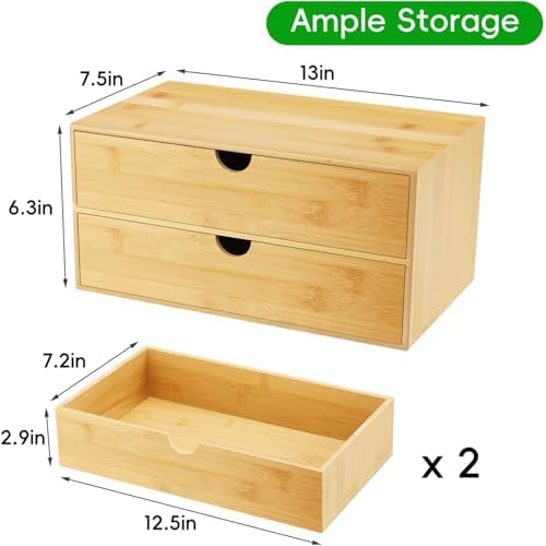 Neando Bamboo Desk Organizer with 2 Drawers, Wooden Countertop Drawers Organizer, Tabletop Storage Organization Box for Office & Home, No Assembly Needed