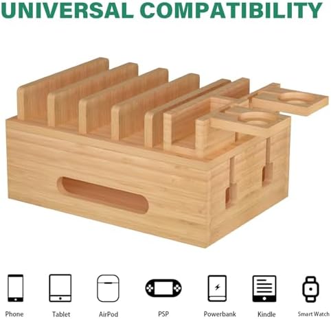 Bamboo Charging Station for Multiple Devices, Desktop Organizer Docking Station, Natural Bamboo Desk Storage Stand for Phone, Tablet, Earbuds, Smart Watch (Power Adapter Not Included)