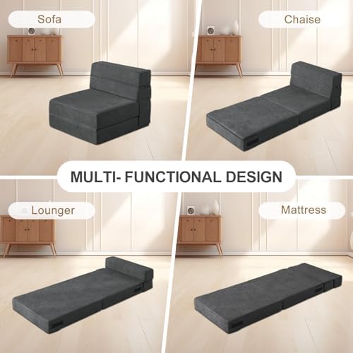 Nigoone Folding Sofa Bed Single Size with Pillow Memory Foam Convertible Sleeper Chair Floor Couch Futon Lazy for Living Room Home Office Guest Beds Apartment Upstairs Loft, Dark Gray
