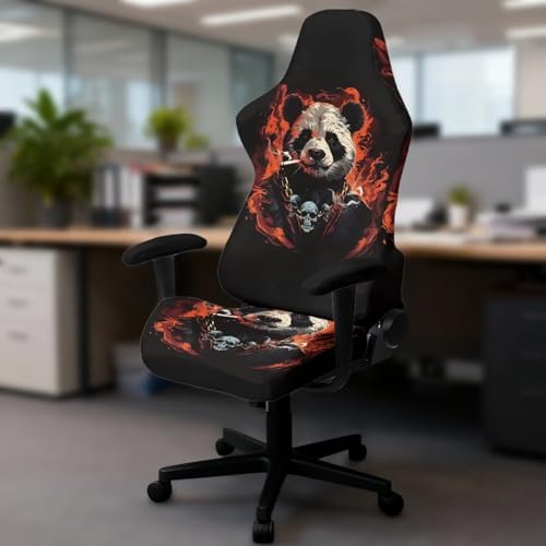 Panda Print Gaming Chair Cover with Armrest Cover, Scratch Proof Cat Proof Removable Slipcover Skull Universal Stretchable Swivel Desk Chair Protector Washable,4-Piece