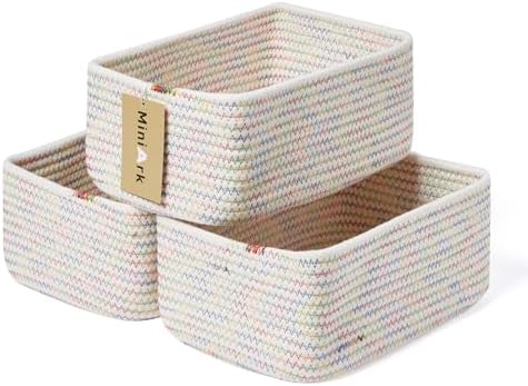 MiniArk Small Storage Baskets for Organizing | Closet Organizer Bins | Shelf Toy Basket | Woven Rope Baskets | Cube Decorative Box | Shallow Basket | 11.5x7.5x4.7” | 3 Packs Rainbow
