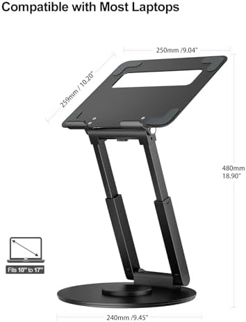 tounee Telescopic Laptop Stand for Desk with 360° Swivel Base, Sit to Stand, Height Adjustable, Portable Riser Holder for Good Posture, Compatible with MacBook Pro, All Laptops 10-17" - Black