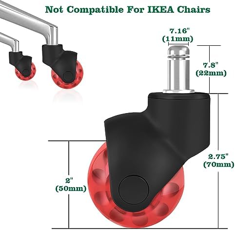 Office Chair Wheels Replacement 2 Inch Rubber Ball Caster Wheels for Wood Floor Carpet Mats, Set of 5, Heavy Duty Desk & Gaming Chair Casters 7/16" (11mm) Grip Ring Stem, Quiet Smooth Rolling (Red)
