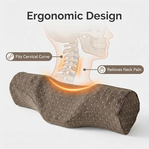 Cervical Neck Pillow for Pain Relief Sleeping, Neck roll Pillow Memory Foam for Stiff Neck Pain Relief ，Travel Bolster Pillow for Bed for Side Sleepers Back Sleeper. (Brown)