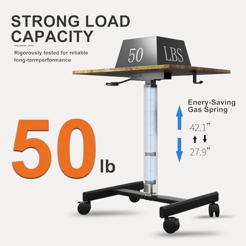 Mobile Desk on Wheels, Pneumatic Height Adjustable, Brown+Black