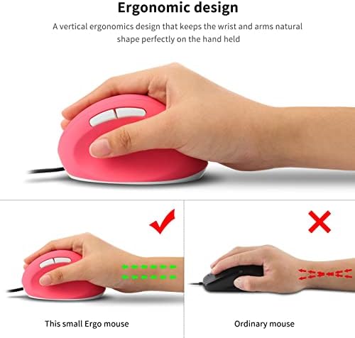 Sokelinn-six Wired Vertical Mouse,Right Hand Ergonomic Gaming Mouse 800 1200 1600 DPI Adjustable USB Optical Wrist Healthy Mice Mause for Laptop PC Computer (Pink)