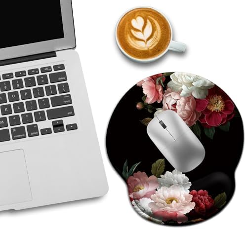 LIMKRIAN Black Flower Ergonomic Mouse Pad with Wrist Rest, 9.8 x 8.6 in