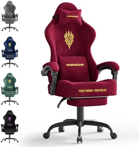 Ferghana Velvet Fabric Gaming Chair - 20.5″ Wider Seat Cushion, Fire Embroidery, Ergonomic High Back Game Chair with Footrest | Computer Chair with Massage Lumbar Support for Adult, Red