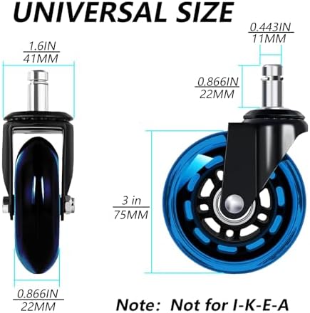 3" Office Chair Wheels for Casters Replacement Set of 5 - Office Caster Wheels for Carpet,Computer Chair Wheels,Smooth & Mute for Hardwood Floors and Mats. (Blue Transparent)