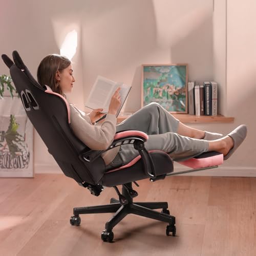 PUKAMI Pink Gaming Chair with Cute Cat Ears