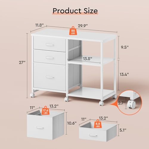 Maihail 3 Drawer File Cabinet with Wheels with Open Storage Shelf, White