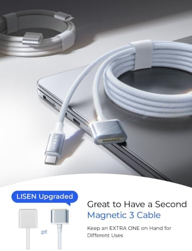 LISEN MacBook Air Charger Magnetic 140W Magsafe 3 Cable, Sky Blue 6.6FT