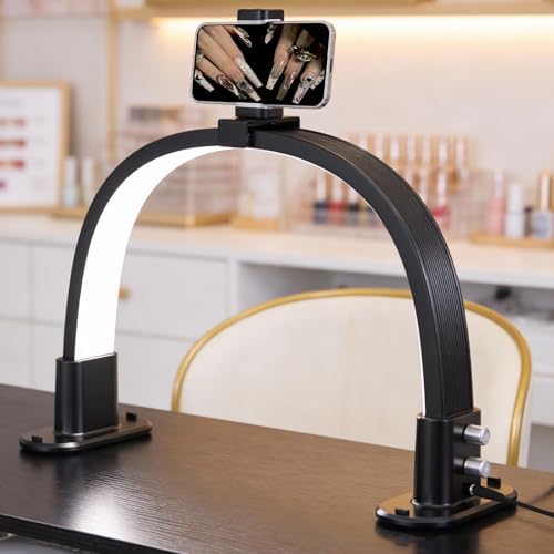 BLUVALL Half Moon Nail Lamp for Desk Portable Nail Desk Lamp with Phone Holder, Stepless Adjustment of Brightness and Color Temperature Desk Lamp for Nail Tech, Eyelash, Tattoo, Makeup (Black)