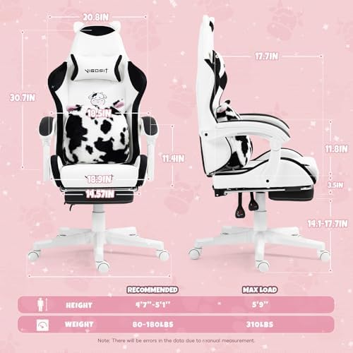 Gaming Chair, Cute Cat Gaming Chairs with Paw Lumbar Cushion for Girls, Video Gamer Chair with Footrest for Girl Teen Woman (WhiteBlack-A)