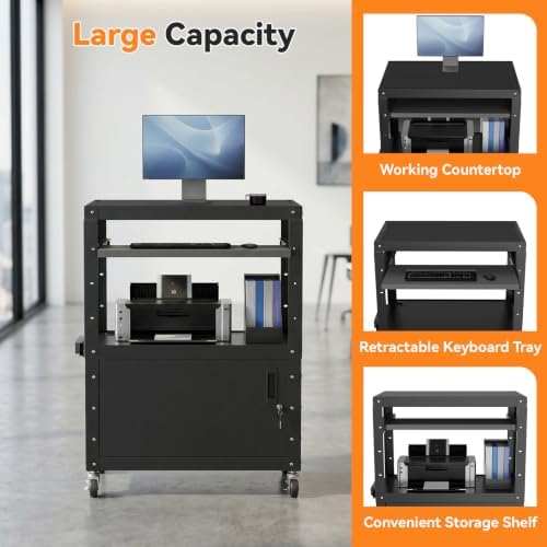Mobile AV Cart, Adjustable Height Rolling Computer Cart with Pullout Keyboard Tray – Locking Cabinet, 3 Outlets & 2 USB Ports, Lock Brake Casters–Media Utility Cart on Wheels for Home/Office