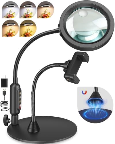 30X 10X Magnifying Glass with Light and Phone Holder, 5 Color Modes Stepless Dimmable, Optical Grade HD Lens, LED Lighted Magnifier Hands Free with Flexible Gooseneck for Close Work, Craft, Hobby