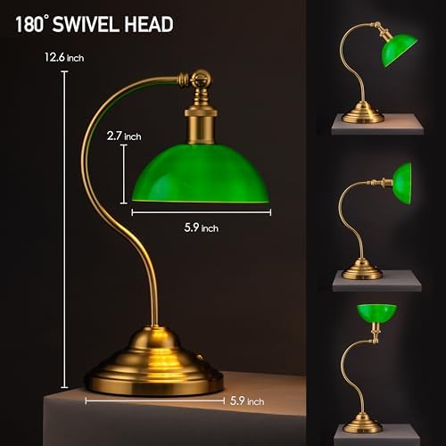 O'Bright Bankers - Cordless LED Table Lamp, Battery-Operated, Rechargeable, 3-Level Dimming, Universal USB-C Charging, 180° Swivel Head, Classic Green Glass Shade, Antique Brass