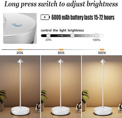 2Pack Rechargeable Cordless Table Lamp, Portable Powered LED Battery 6000mAh Metal USB Desk Lamp, 3 Levels Brightness Light for Restaurants Outdoor (2pack Silver)