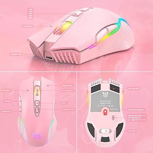 RGB Wireless Gaming Mouse, Pink, Rechargeable, Ergonomic Design, Adjustable DPI, Compatible with Windows, Mac