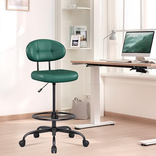 Misolant Drafting Chair, Armless Tall Office Chair with Footrest Ring for Standing Desk, Small Faux Leather Executive Computer Chair with Adjustable Height for Bar Lab Counter Height Desk, Green
