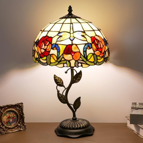 Tiffany Table Lamp Dragonfly Rose Style Stained Glass Lamp