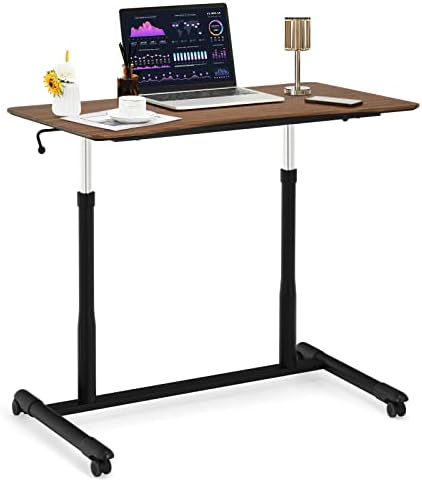 COSTWAY Mobile Height Adjustable Standing Desk, Compact Pneumatic Sit to Stand Computer Desk w/Lockable Casters, Ergonomic Rolling Laptop Table w/Steel Frame for Home Office (Espresso)
