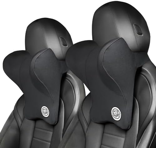 Car Neck Pillow for Driving Seat Car Headrest Pillow with Flexible Strap, 100% Memory Foam Neck Support Pillow for Car, Office Chair Black Pack of 2