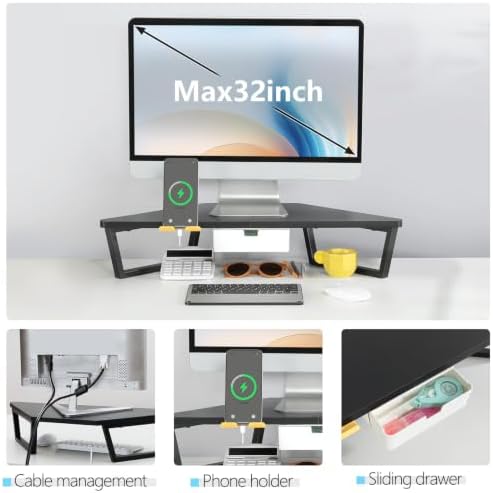 TEAMIX Corner Monitor Stand with Drawer and Phone Holder, 26x12.6x5.3in