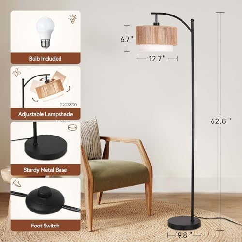 SUNMORY Arc Floor Lamps for Living Room, Rattan Standing lamp with 12W Bulb