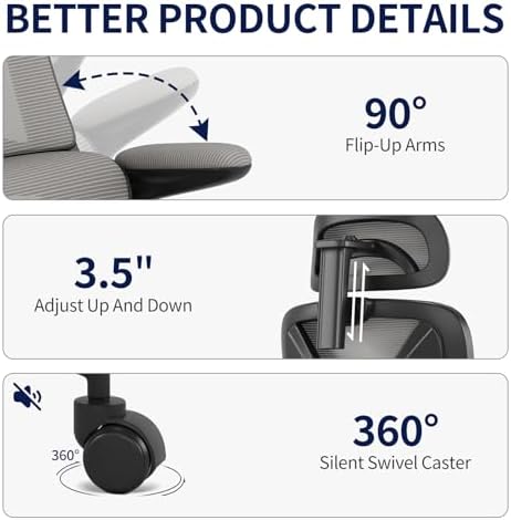 Ergonomic Office Chair - Desk Chair with Adjustable Headrest Lumbar Support Computer Chair - Mesh Comfy Chair with Flip-up Armrests - Gaming Chairs for Adults Home Office 330 LBS (Black+Gray)