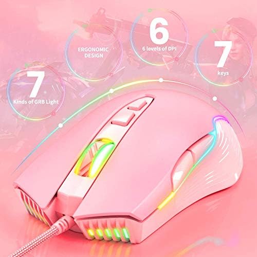RGB Gaming Mouse Wired, 6400 DPI & 7 Buttons, Pink