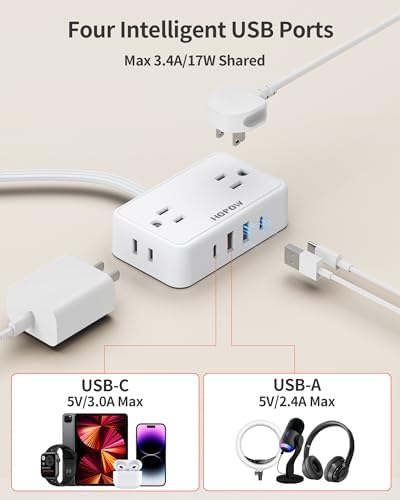 HOPOW Flat Plug Extension Cord, 4AC&2A2C, 6 FT Power Strip for Travel