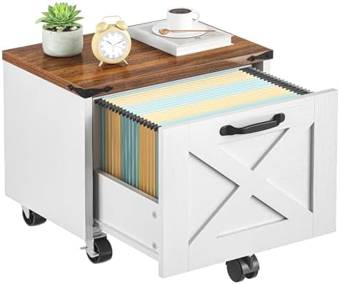 HOOBRO Farmhouse File Cabinet, Small Rolling File Cart Under Desk, 1-Drawer File Cabinet for Home Office, Printer Stand with Drawers, File Organizer Fits A4/Letter Size, White and Walnut, WH34WJ01