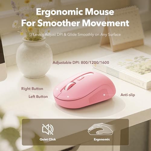 Wireless Keyboard and Mouse Combo, Round Keycaps, Magnetic Wrist Rest, Pink