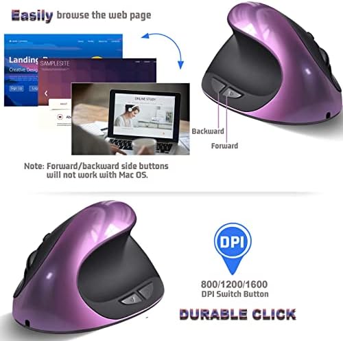 Ergonomic Mouse,Rechargeable Small Vertical Mouse with 6 Buttons Adjustable 800/1200/1600 DPI Purple Wireless Mouse for Laptop, Desktop, PC, MacBook