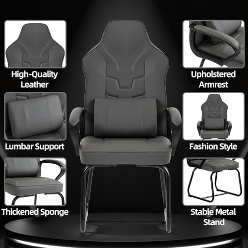 Leather Office Guest Chair No Wheels High Back Computer Reception Chairs with Padded Arms Waist Pillow for Gaming Meeting Conference Waiting Room, Grey