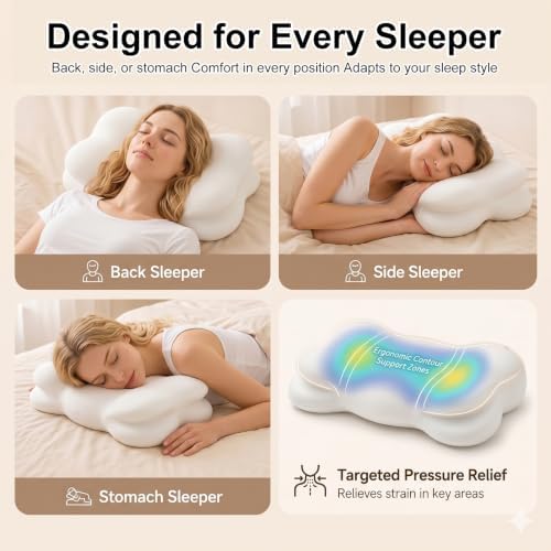 Upgrade 3.0 Cloud Sleep Pillow, Cloud Neck Pillow, Ergonomic Memory Foam Pillow with Adjustable Cervical Support & Cooling Breathable Cover for Side, Stomach Sleepers & Back (Medium-White)