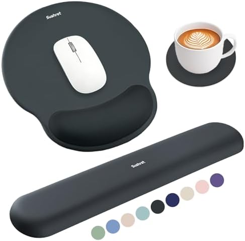 Sushret Mouse Pad and Keyboard Wrist Rest, 3-in-1 Gel Memory Foam Ergonomic Mouse Pad with Wrist Rest Set, Gaming Mousepad Arm Cushion Support for Computer Office Desk Accessories Cute Setup, Charcoal