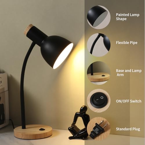 Adjustable Wooden Desk Lamp,Metal Shade Flexible Neck Table Lamp