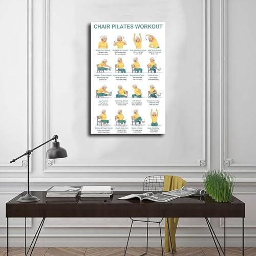 Chair Pilates Workout Seated Full Body Exercise Chart Sitting Core Flexibility Routine for Home Canvas Poster Wall Art for Living Room Bedroom Decor Frame 16x24inch