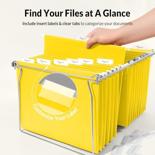 SUNEE Hanging File Folders, 25 Pack Letter Size Hanging File Folders with 1/5-Cut Tabs, Ideal for Home and Office Organization and Papers Classification,Yellow