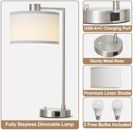 Silver Table Lamp Set of 2, Dimmable Bedside Lamps for Night Stand, USB A+C