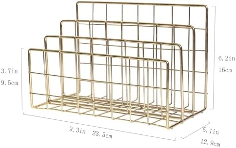 Metal File Organizer, 3 Vertical Sections, Desktop Paper/Mail/Letter/Record Holder, File Folder Holder Stand Rack Sorter for Office Desk Organization and accessories & supplies (Gold)