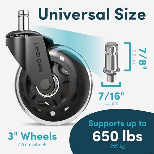 Lifelong Office Chair Wheels Replacement, Heavy Duty, Clear, 5-Pack Fit 98%